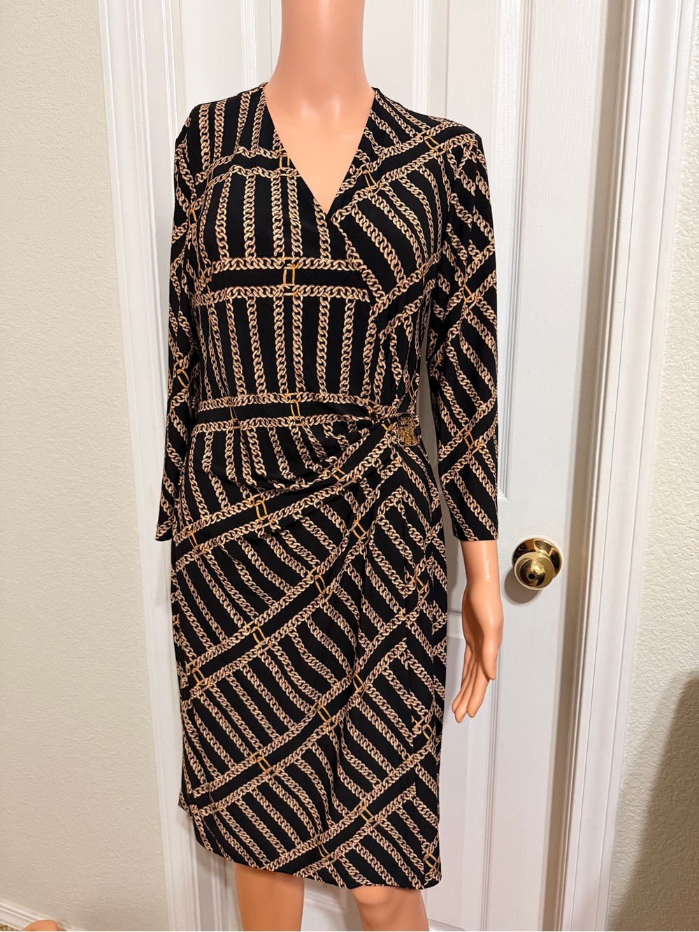 Anne Klein Black Dress with Gold Chain Print and Gold Buckle - Long Sleeve Wrap